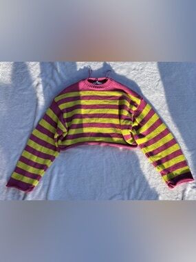 Zara Pink and Lime Striped Cropped Crew Sweater